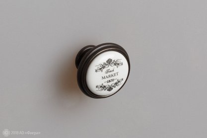 P77 мебельная ручка-кнопка темно-коричневая бронза с белой керамической вставкой и надписью Market